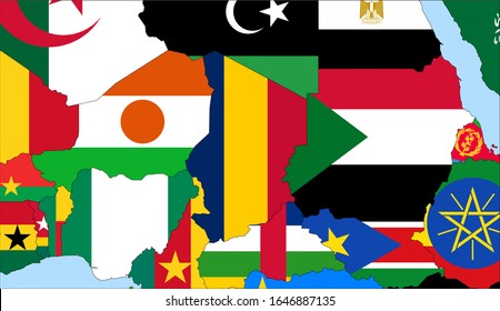 Center the map of Chad. Vector maps showing Chad and neighboring countries. Flags are indicated on the country maps, the most recent detailed drawing.