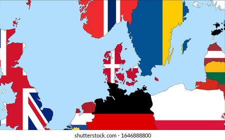 Center the map of Denmark. Vector maps showing Denmark and neighboring countries. Flags are indicated on the country maps, the most recent detailed drawing.