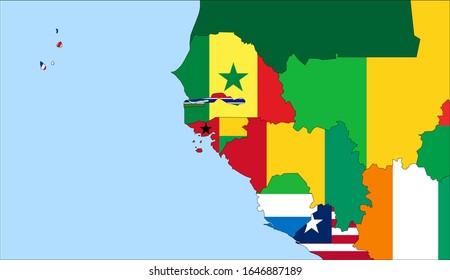 Center the map of Guinea Bissau. Vector maps showing Guinea Bissau and neighboring countries. Flags are indicated on the country maps, the most recent detailed drawing.