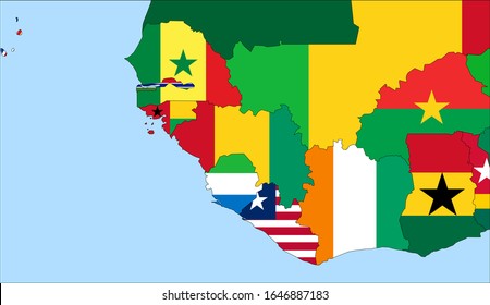 Center the map of Guinea. Vector maps showing Guinea and neighboring countries. Flags are indicated on the country maps, the most recent detailed drawing.