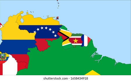 Center the map of Guyana. Vector maps showing Guyana and neighboring countries. Flags are indicated on the country maps, the most recent detailed drawing.