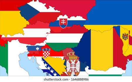 Center the map of Hungary. Vector maps showing Hungary and neighboring countries. Flags are indicated on the country maps, the most recent detailed drawing.