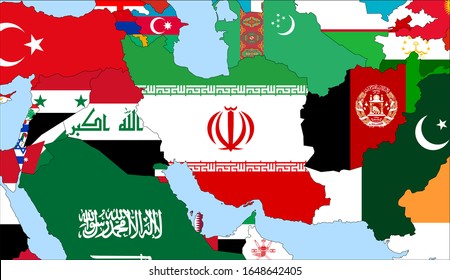 Center the map of Iran. Vector maps showing Iran and neighboring countries. Flags are indicated on the country maps, the most recent detailed drawing.
