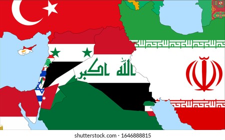 Center the map of Iraq. Vector maps showing Iraq and neighboring countries. Flags are indicated on the country maps, the most recent detailed drawing.