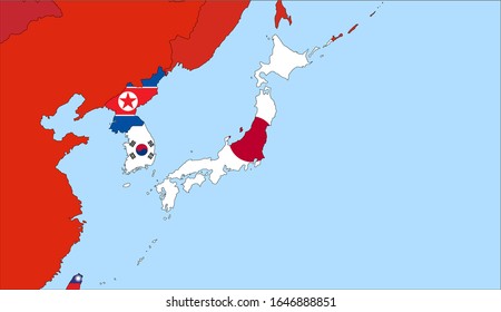 Center the map of Japan. Vector maps showing Japan and neighboring countries. Flags are indicated on the country maps, the most recent detailed drawing.
