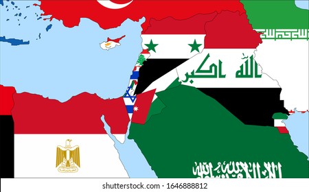 Center the map of Jordan. Vector maps showing Jordan and neighboring countries. Flags are indicated on the country maps, the most recent detailed drawing.