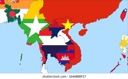 Center the map of Laos. Vector maps showing Laos and neighboring countries. Flags are indicated on the country maps, the most recent detailed drawing.