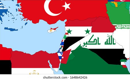 Center the map of Lebanon. Vector maps showing Lebanon and neighboring countries. Flags are indicated on the country maps, the most recent detailed drawing.