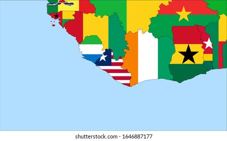 Center the map of Liberia. Vector maps showing Liberia and neighboring countries. Flags are indicated on the country maps, the most recent detailed drawing.