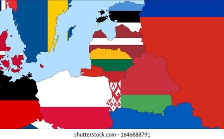 Center the map of Lithuania. Vector maps showing Lithuania and neighboring countries. Flags are indicated on the country maps, the most recent detailed drawing.