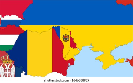 Center the map of Moldova. Vector maps showing Moldova and neighboring countries. Flags are indicated on the country maps, the most recent detailed drawing.