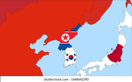 Center the map of North Korea. Vector maps showing North Korea and neighboring countries. Flags are indicated on the country maps, the most recent detailed drawing.