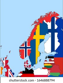 Center the map of Norway. Vector maps showing Norway and neighboring countries. Flags are indicated on the country maps, the most recent detailed drawing.