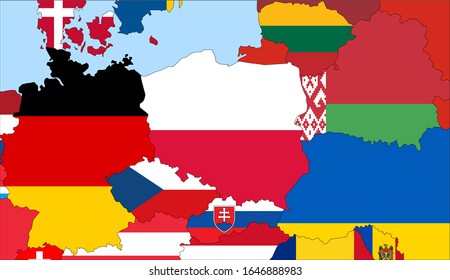 Center the map of Poland. Vector maps showing Poland and neighboring countries. Flags are indicated on the country maps, the most recent detailed drawing.