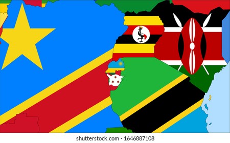 Center the map of Rwanda. Vector maps showing Rwanda and neighboring countries. Flags are indicated on the country maps, the most recent detailed drawing.