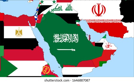 Center the map of Saudi Arabia. Vector maps showing Saudi Arabia and neighboring countries. Flags are indicated on the country maps, the most recent detailed drawing.
