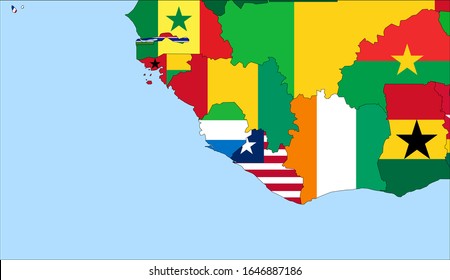 Center the map of Sierra Leone. Vector maps showing Sierra Leone and neighboring countries. Flags are indicated on the country maps, the most recent detailed drawing.