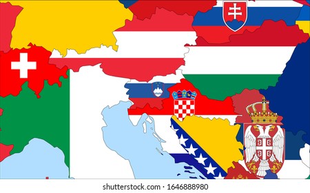 Center the map of Slovenia. Vector maps showing Slovenia and neighboring countries. Flags are indicated on the country maps, the most recent detailed drawing.