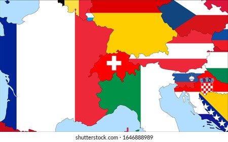 Center the map of Switzerland. Vector maps showing Switzerland and neighboring countries. Flags are indicated on the country maps, the most recent detailed drawing.