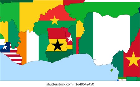 Center the map of Togo. Vector maps showing Togo and neighboring countries. Flags are indicated on the country maps, the most recent detailed drawing.
