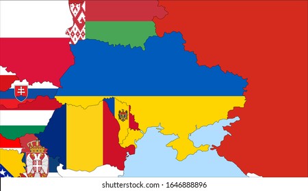 Center the map of Ukraine. Vector maps showing Ukraine and neighboring countries. Flags are indicated on the country maps, the most recent detailed drawing.