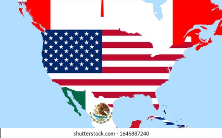 Center the map of United States of America. Vector maps showing United States of America and neighboring countries. Flags are indicated on the country maps, the most recent detailed drawing.