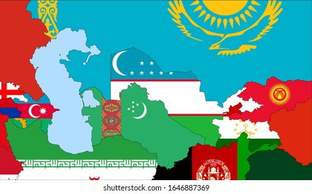 Zentriert die Karte von Usbekistan. Vektorillustration-Karten mit Usbekistan und den Nachbarländern. Flaggen sind auf den Landkarten, der neuesten detaillierten Zeichnung, angegeben.