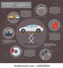 Center Mechanical car service with repair Check Up vehicles of Flat horizontal banners wheel machine and vector illustration