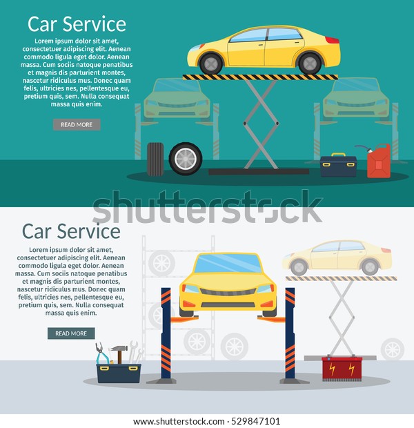 Center Mechanical car service with repair of\
Check Up vehicles Flat horizontal banners wheel machine vector\
illustration