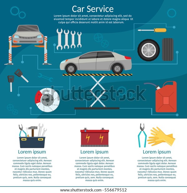 Center Mechanical car service with repair of\
Check Up vehicles Flat horizontal banners wheel machine and vector\
illustration