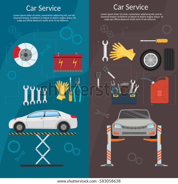 Center Mechanical car service with repair\
Check Up vehicles Flat horizontal banners wheel machine and vector\
illustration