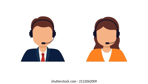 Сall center operator. Customer service agent. Woman and man with headset telephone advise online. Hotline support, corporate representative helpline simple illustration. Web assistant avatar. vector