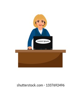 ПечатьCall center operator with headphones and microphone. Vector illustration. Cute woman with headset. Consulting, job online, internet. Call center. Help online.