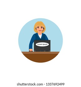 ПечатьCall center operator with headphones and microphone. Vector illustration. Cute woman with headset. Consulting, job online, internet. Call center. Help online.