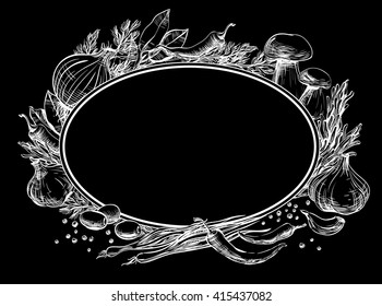 Center oval frame empty for text around it are spices, herbs, condiments, vegetables hand drawn strokes and lines, design for menu restaurants, cafes, bistros, vector white lines on a black, inversion