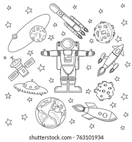 In the center of the picture is an astronaut, stars and meteorites, spaceships and a flying saucer, satellites on a white background. A sketch of the drawing, colorless. Vector illustration