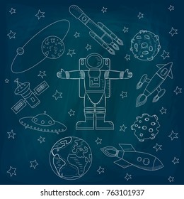 In the center of the picture is an astronaut, stars and meteorites, spaceships and a flying saucer, satellites on a blue background. Sketch of the drawing. Vector illustration