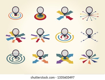 Center Point Concept, isolated unique Vector set of beautiful flat colorful design Icon symbolic for info graphic presentation include pointer expand contract arrow dartboard circle maze vintage retro