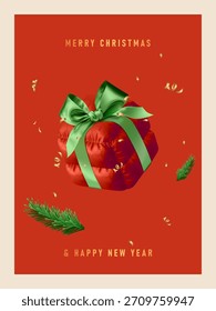In the center is a red fabric gift box with a green bow. The background is bright red. Merry Christmas and Happy New Year!