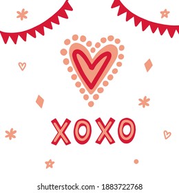 In the center there is a large pink heart, below the inscription "xoxo". There are flags hanging at the top. Simple vector illustration