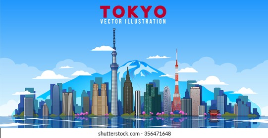 center of Tokyo on a background of Mount Fuji. vector illustration