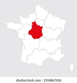 Center val de loire province highlighted red on france map. Gray background.