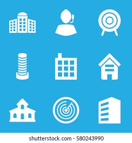 center vector icons. Set of 9 center filled icons such as building, building   isolated  sign symbol, business center building, target