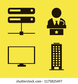 center vector icons set. with monitor, server, public speaker and office building in set