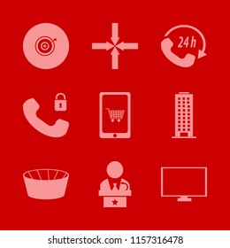 center vector icons set. with security telephone, arrows center, football stadium and mobile shopping in set