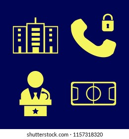 center vector icons set. with security telephone, public speaker, football stadium and office building in set