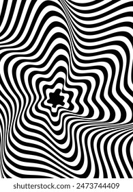 Zentrierte schwarz-weiß gestreifte Linien nirmana, op art, optische Täuschung. Psychedelisches abstraktes Hintergrundmuster. Moderne minimalistische Design-Textur.