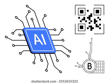 Centered is a blue AI chip with connected lines. A black and white QR code is on the top right, and a circuit-style Bitcoin symbol is below right. Ideal for AI, technology, digital currency, data