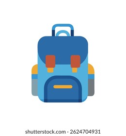 Eine zentrierte, flache Designgrafik eines blauen Rucksacks mit orangefarbenen und gelben Akzenten, einzeln auf weißem Hintergrund.