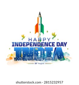 A centered, high-resolution digital poster for Indian Independence Day on a clean, subtly textured off-white background. The central design features large, 3D effect blue text 